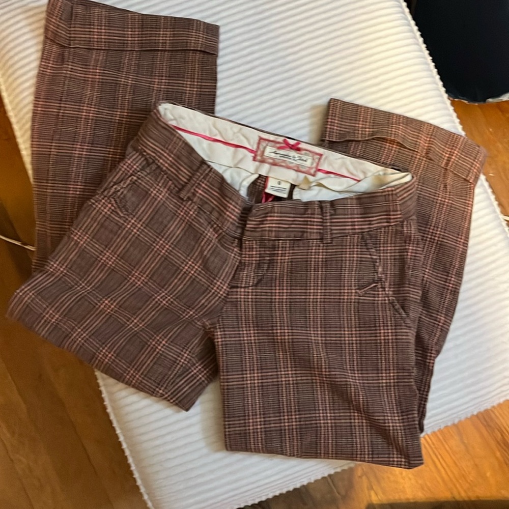 VTG Abercrombie Fitch Womens Pants Y2K Low Rise Crop Plaid Wide Leg Brown Pink 0